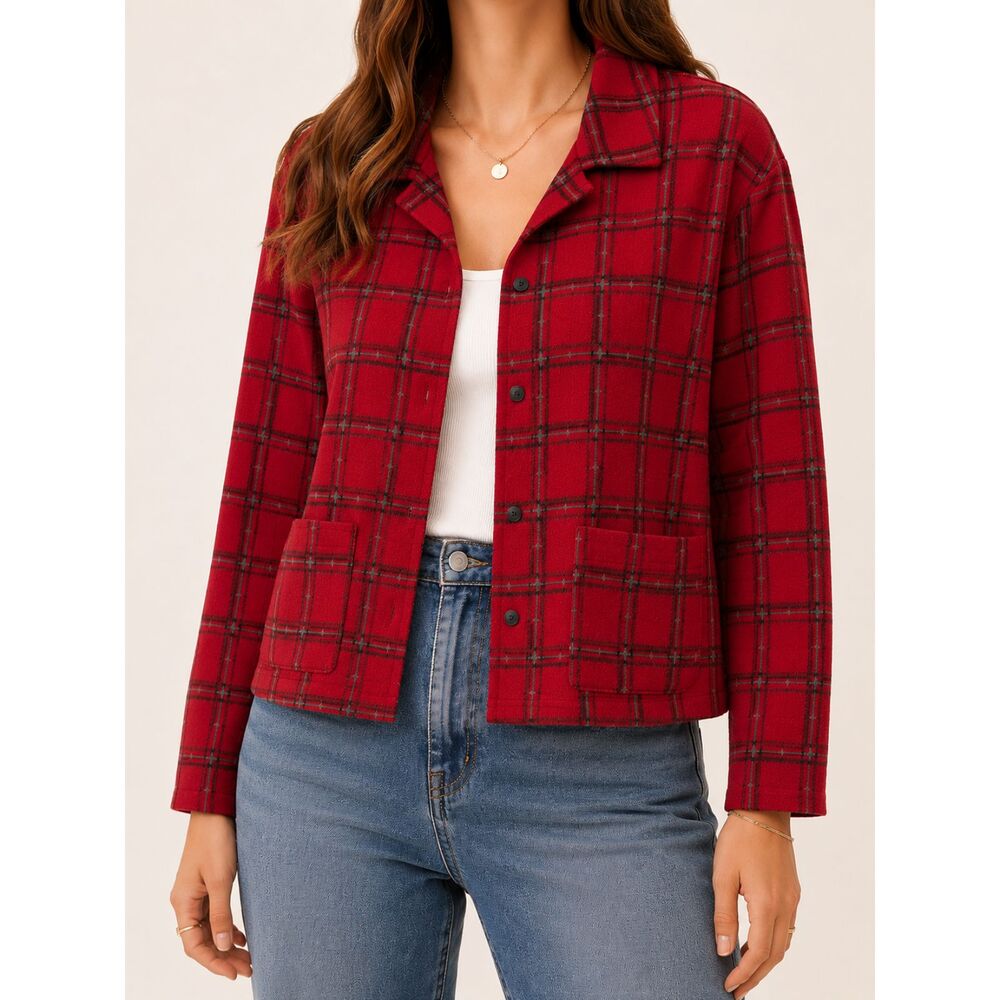 Vintage Bechamel Red Plaid Cotton Button Front Jacket Shacket XL Cottagecore